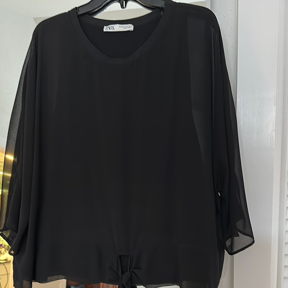 Zara Black 3/4 Sleeve Tie Front Blouse